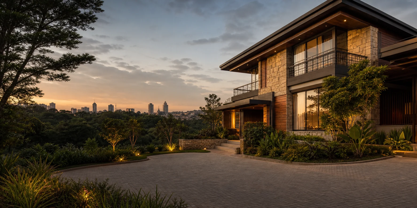 A home and landscaped garden at sunset